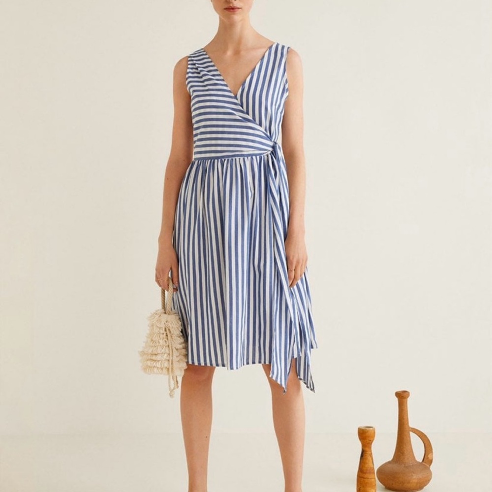 Mango Blue and White Striped Wrap Dress